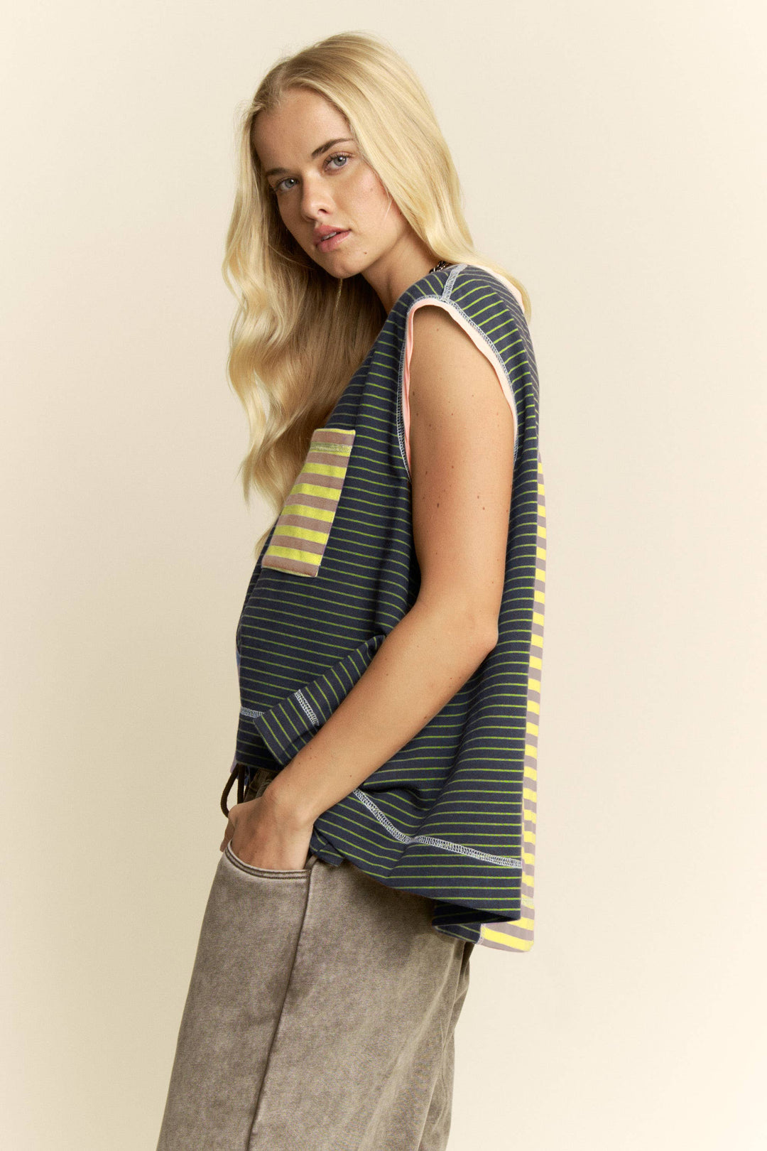 Women's Sleeveless - STRIPED COLORBLOCK SLEEVELESS VEST TOP - - Cultured Cloths Apparel