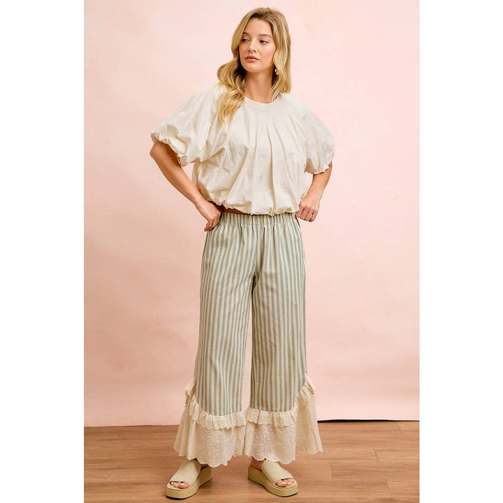 Pants - STRIPE WOVEN RUFFLED LACE HEM PANTS WITH SIDE POCKET - - Cultured Cloths Apparel
