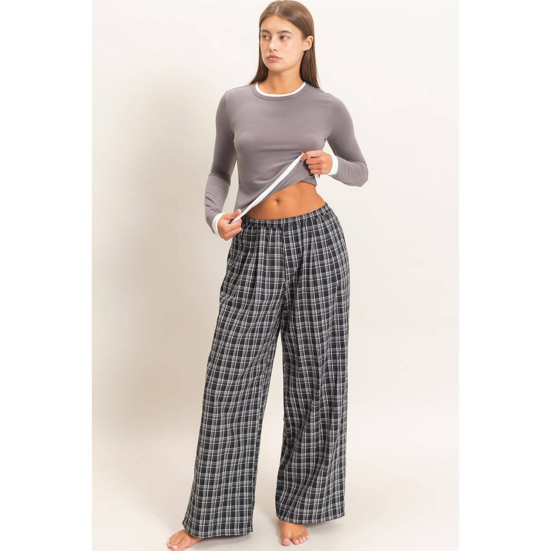Elastic Waist Plaid Pants
