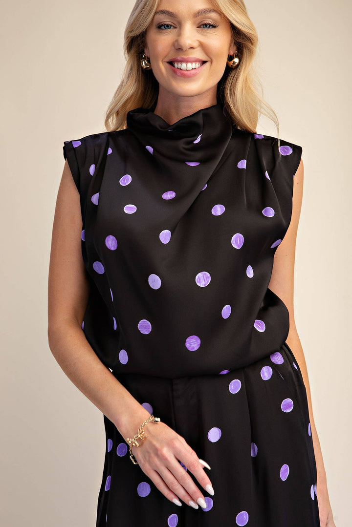 Cowl Mock Neck Pleats Shoulder Sleeveless Top Polka Dot