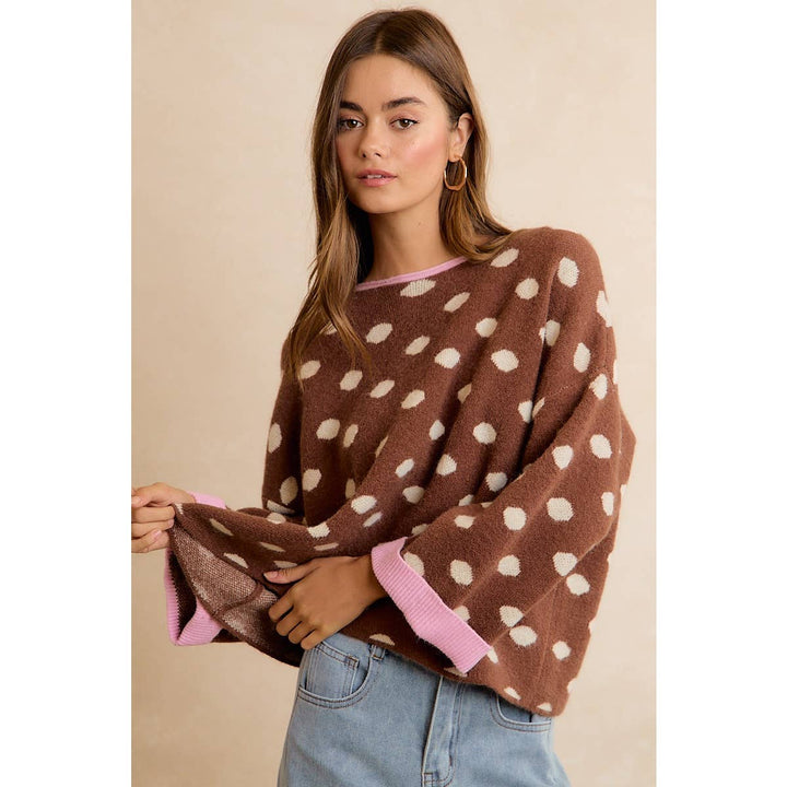 CONTRAST NECK AND ROLL UP DETAIL POLKA DOT SWEATER