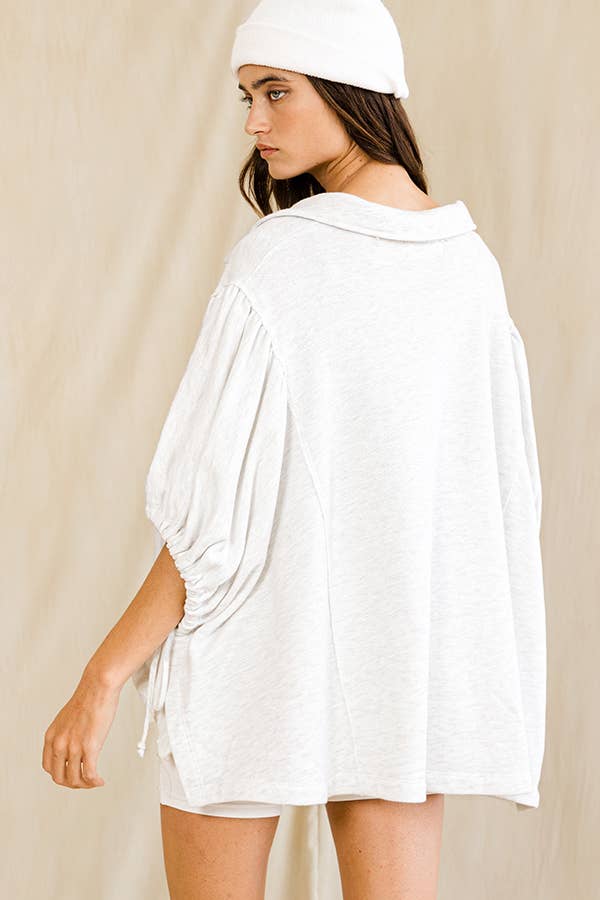 Women's Short Sleeve - Gray Oversized Drawstring Tie Sleeves Detail Solid Top - - Cultured Cloths Apparel