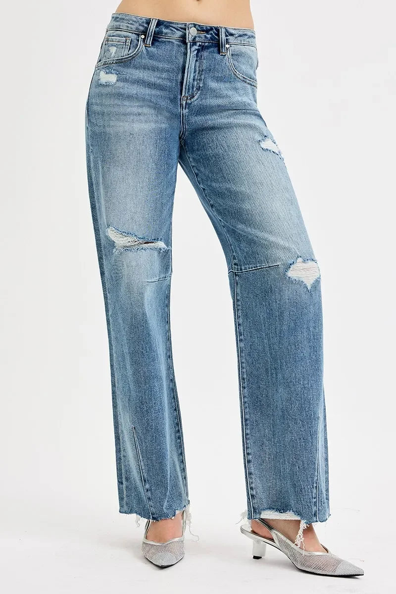 Denim - RISEN Full Size Mid Rise Fit Wide Baggy Leg Tie Washed Jeans - - Cultured Cloths Apparel