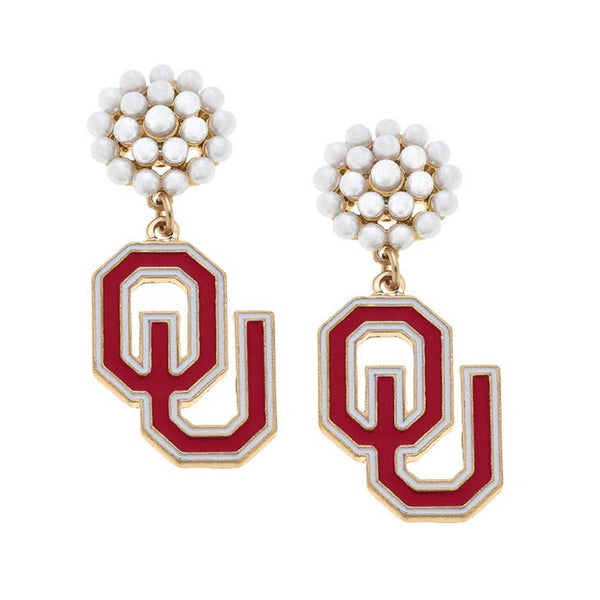 Accessories, Jewelry - Oklahoma Sooners Enamel Drop Hoop Earrings - Crimson/Pearl - Cultured Cloths Apparel