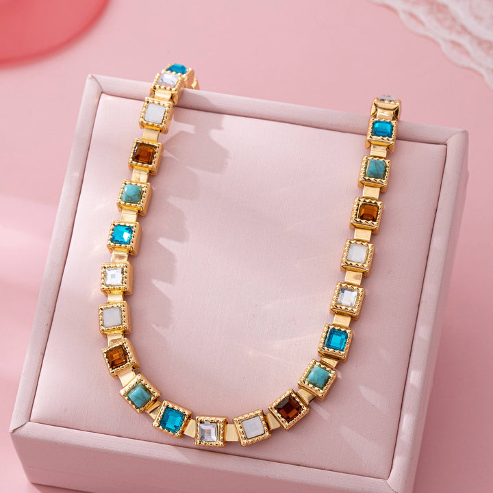 Accessories, Necklaces - Multicolor Square Gemstone Long Necklace - - Cultured Cloths Apparel