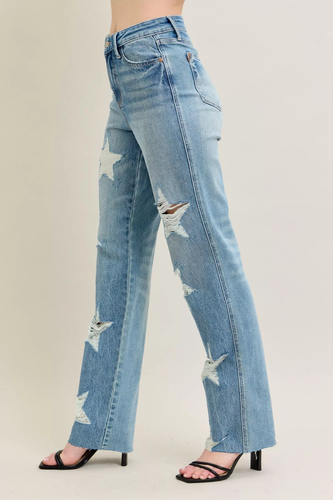 Denim - Judy Blue Full Size High Waist Rigid Magic Star Shaped Destroy 90's Straight Jeans Plus Size - - Cultured Cloths Apparel
