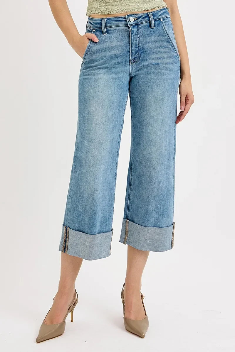 Denim - RISEN Full Size Tummy Control High Rise Ankle Wide Cuffed Jeans Plus Size - - Cultured Cloths Apparel
