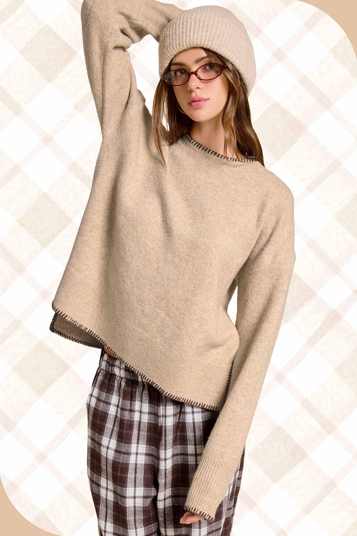 Hi-Low Crew Neck Sweater W/ Contrast Blanket Stitch