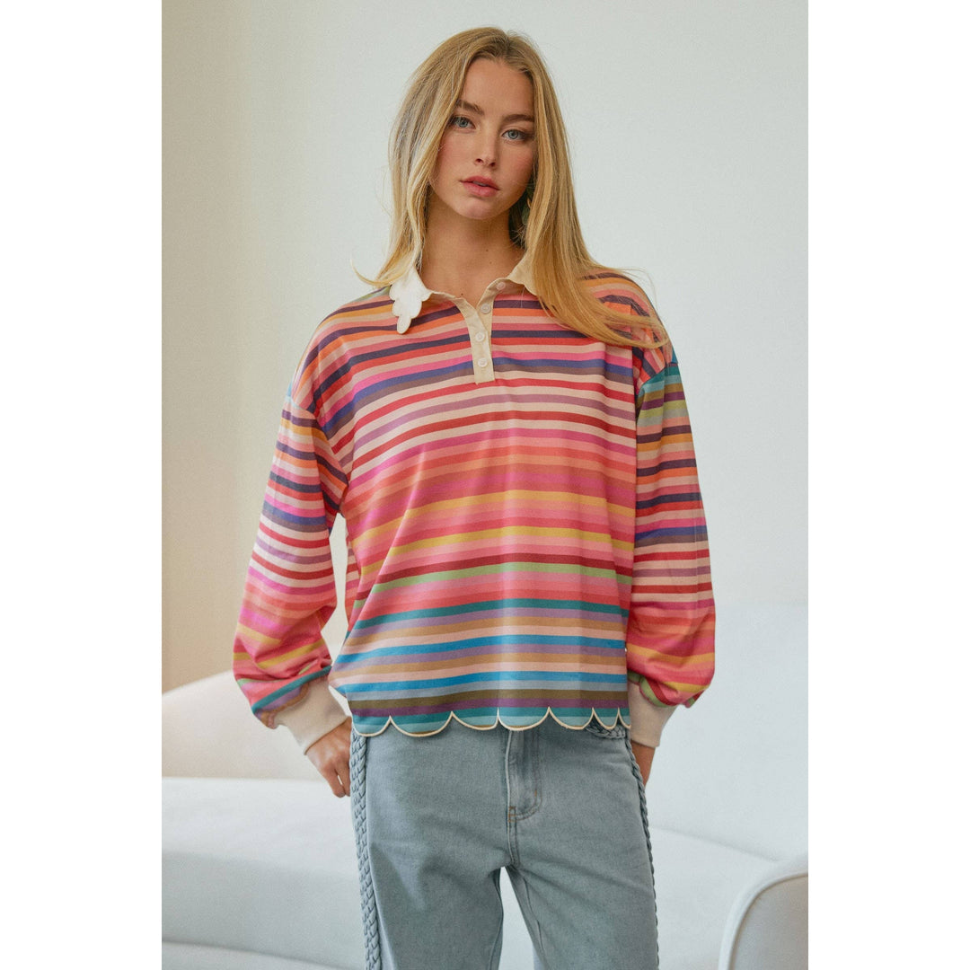 Celestine Whimsical Stripe Collared Scalloped Top