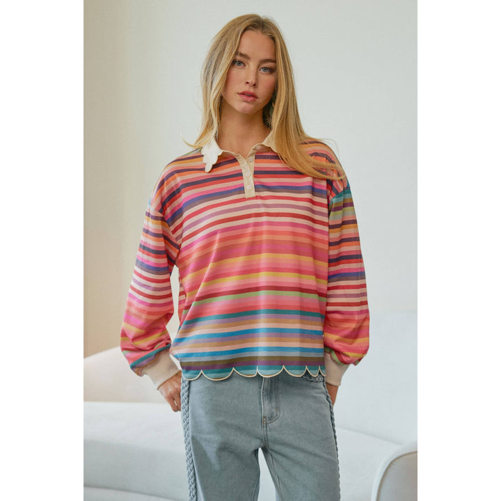 Celestine Whimsical Stripe Collared Scalloped Top