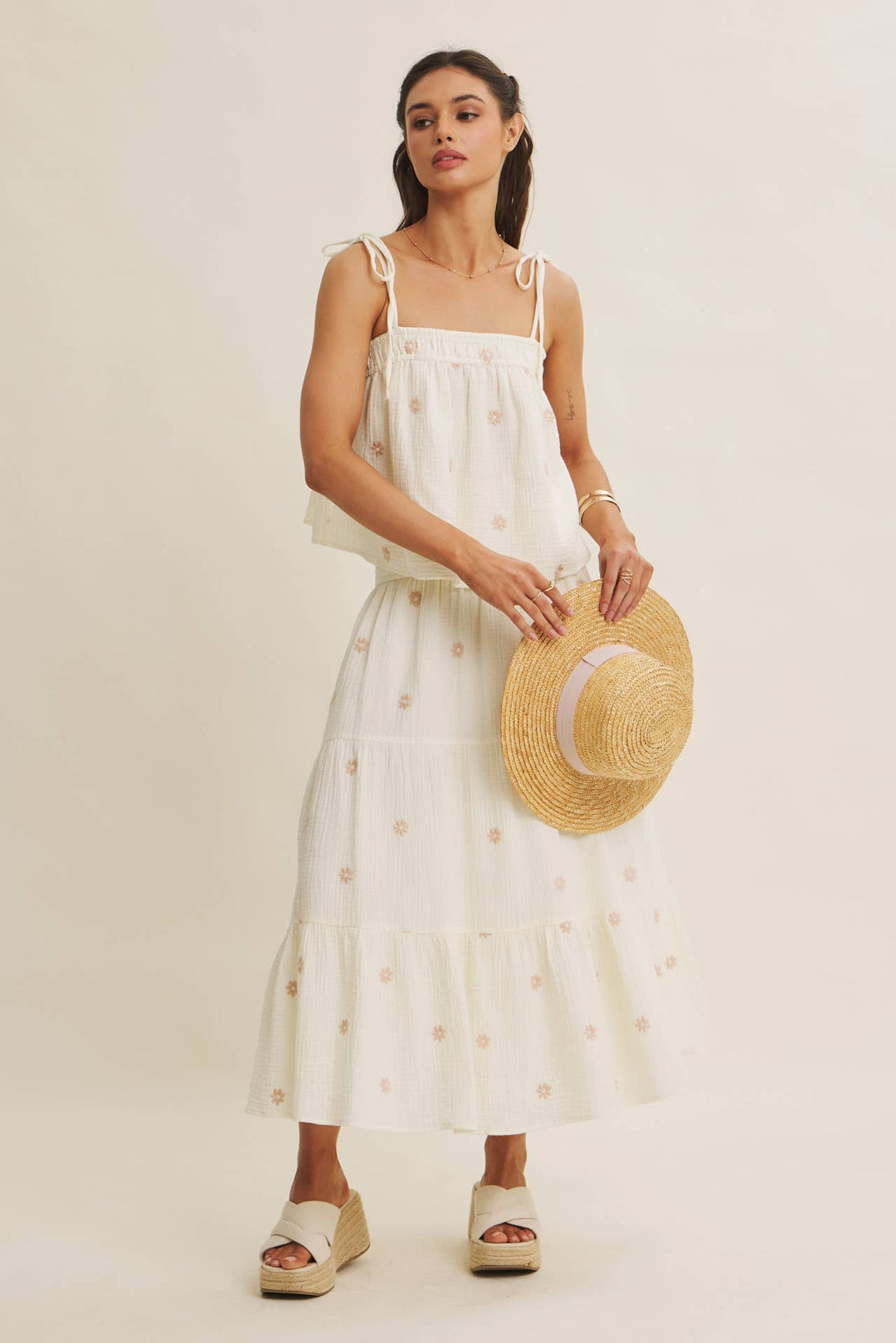 Women's Sleeveless - SUNSET FIELD EMBROIDERED COTTON GAUZE TANK WITH TIE STRAPS - - Cultured Cloths Apparel