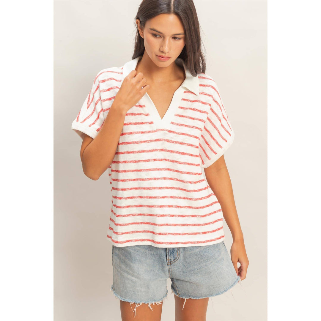 Women's Short Sleeve - Striped Dolman Sleeve V-Neck Collared Top - - Cultured Cloths Apparel