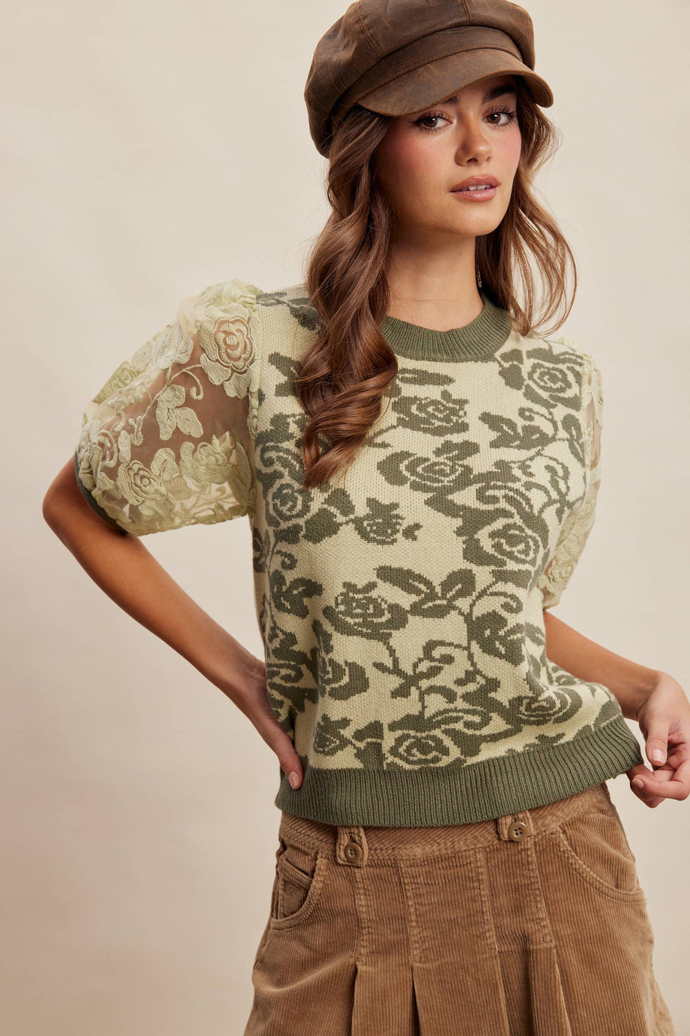 Women's Short Sleeve - Rose Embroidered Contrast Knit Top - Sage Green - Cultured Cloths Apparel