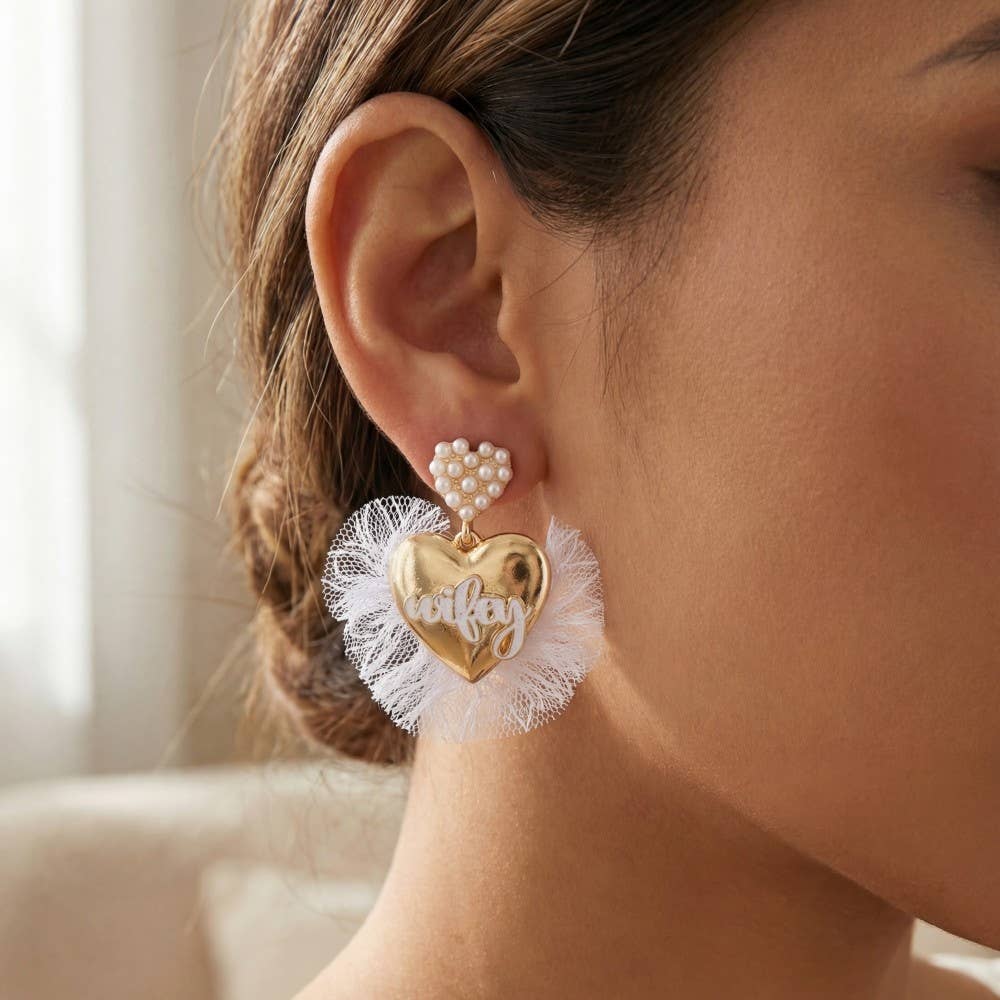 Accessories, Earrings - Wifey Pearl And Metallic Heart Stud Dangle Earrings - GD - Cultured Cloths Apparel