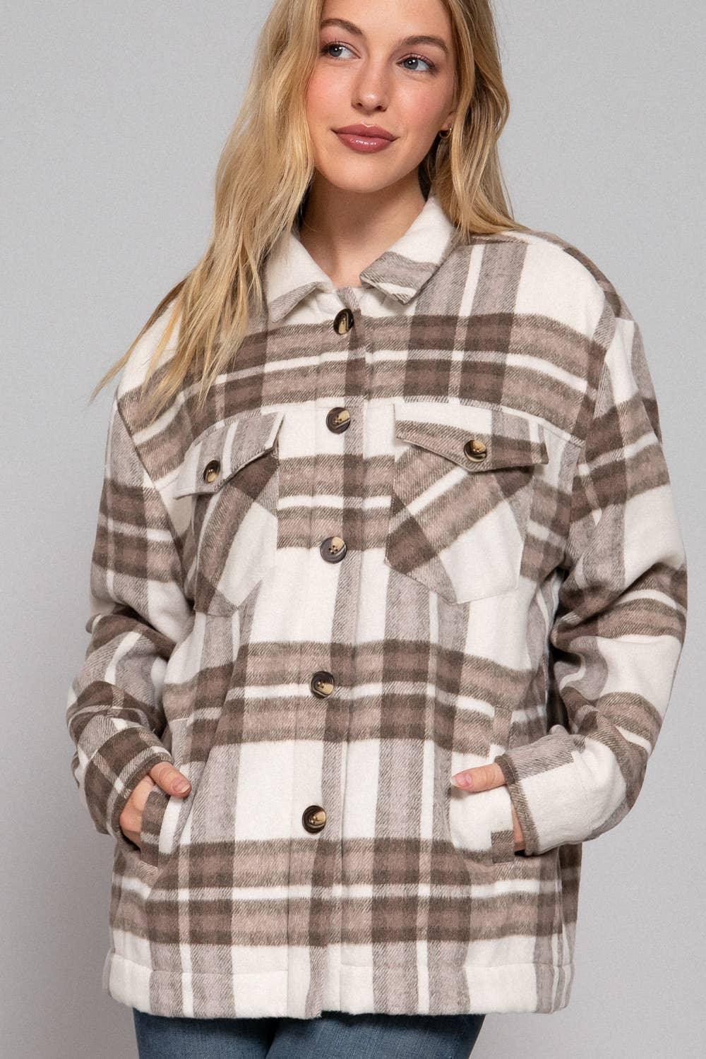 Outerwear - Long Sleeve Inside Faux Fur Brushed Plaid Jacket - - Cultured Cloths Apparel