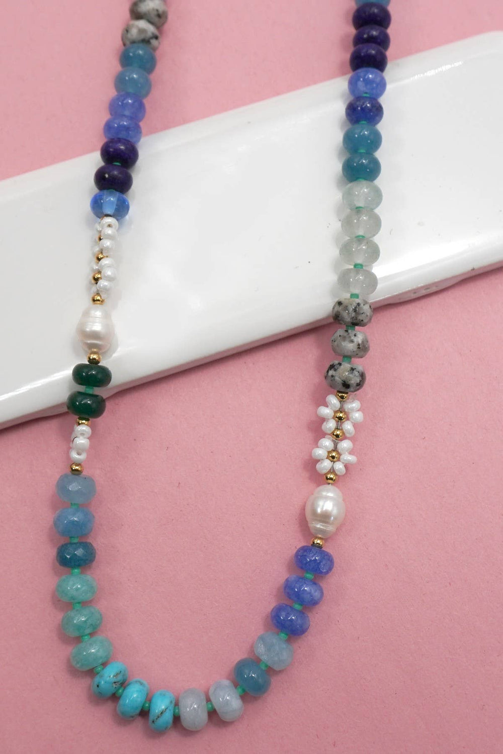 Accessories, Necklaces - NATURAL STONE AGATE GLASS STAINLESS STEEL NECKLACE - BLUE - Cultured Cloths Apparel