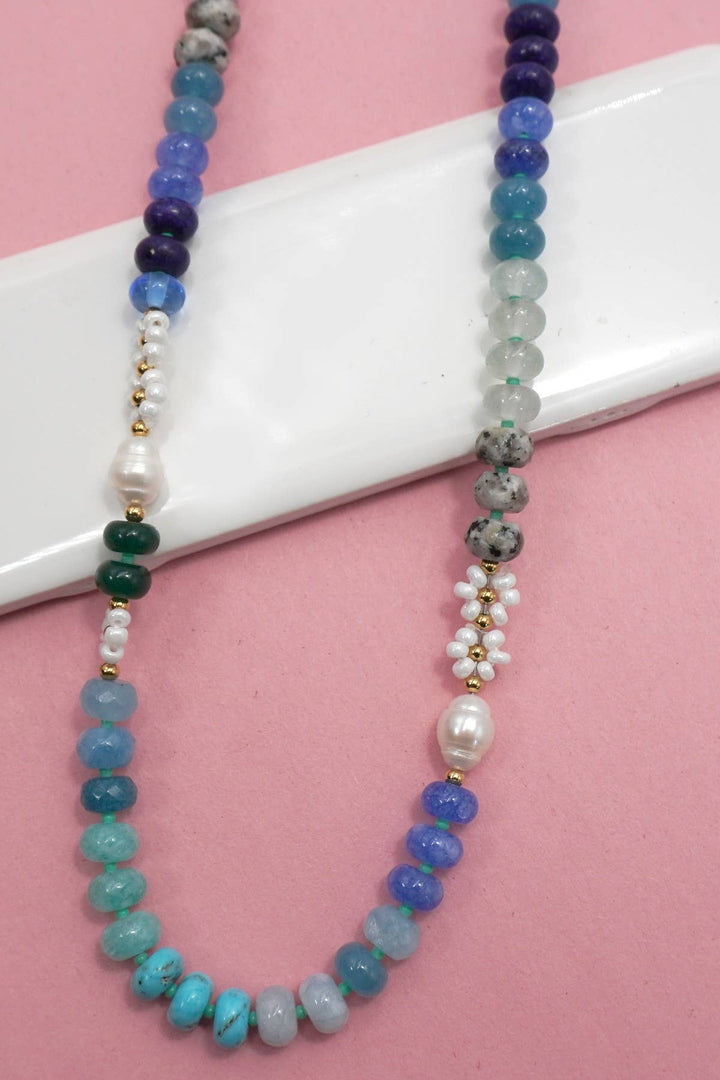 Accessories, Necklaces - NATURAL STONE AGATE GLASS STAINLESS STEEL NECKLACE - BLUE - Cultured Cloths Apparel
