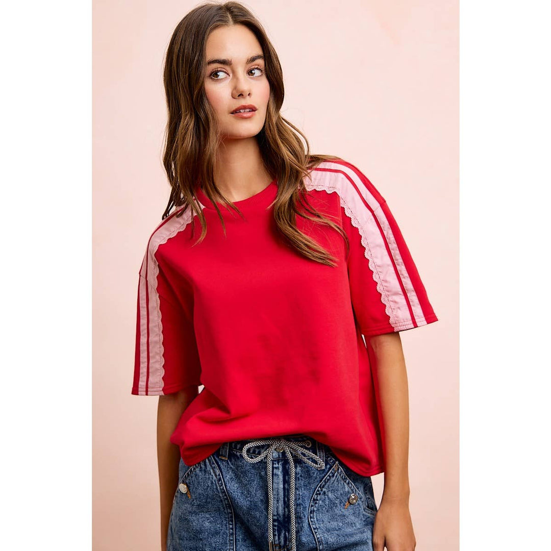 FRENCH TERRY SIDE LACE DETAIL SHORT SLEEVES TOP