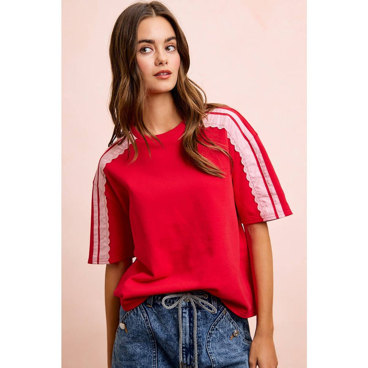 FRENCH TERRY SIDE LACE DETAIL SHORT SLEEVES TOP
