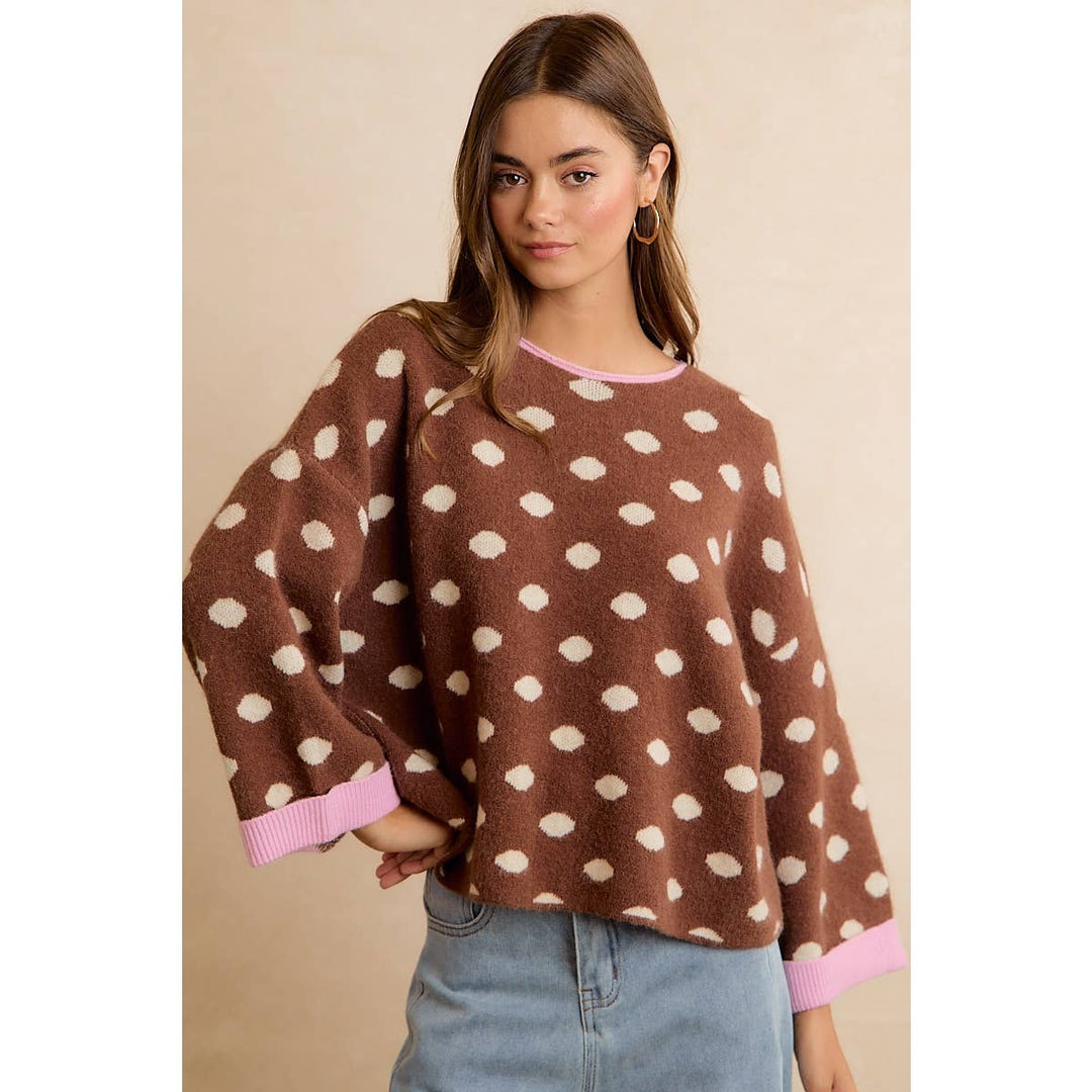 CONTRAST NECK AND ROLL UP DETAIL POLKA DOT SWEATER