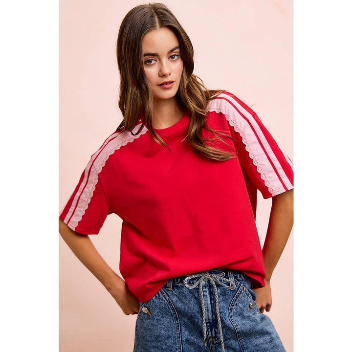 FRENCH TERRY SIDE LACE DETAIL SHORT SLEEVES TOP
