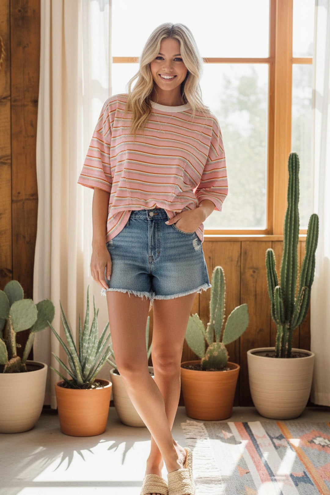 Women's Short Sleeve - Striped Oversized Short Sleeve Knit Top - - Cultured Cloths Apparel