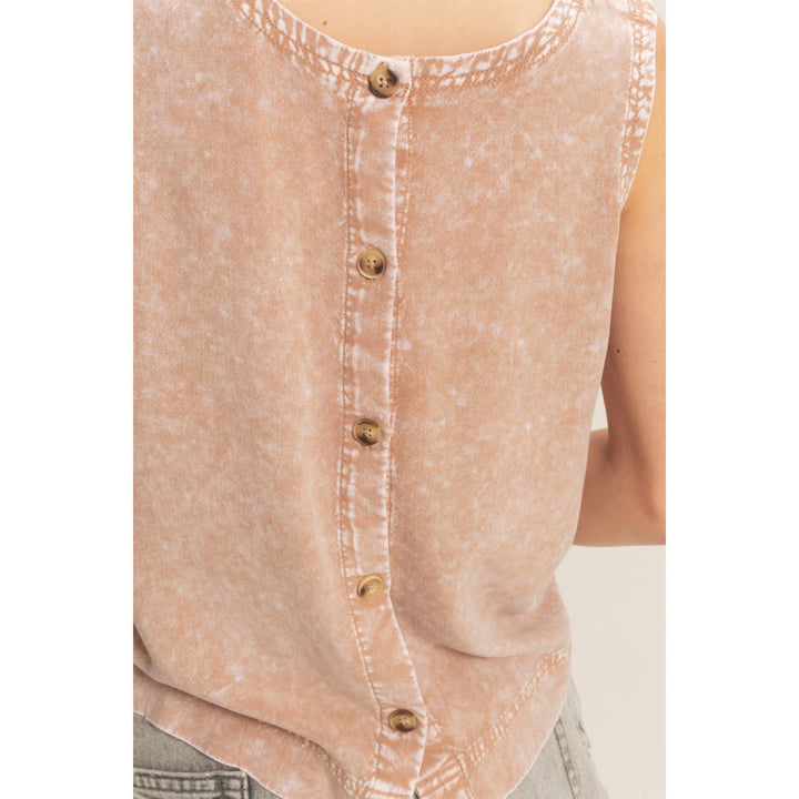 Women's Sleeveless - Pink Mineral Wash Button Back Sleeveless Top - - Cultured Cloths Apparel