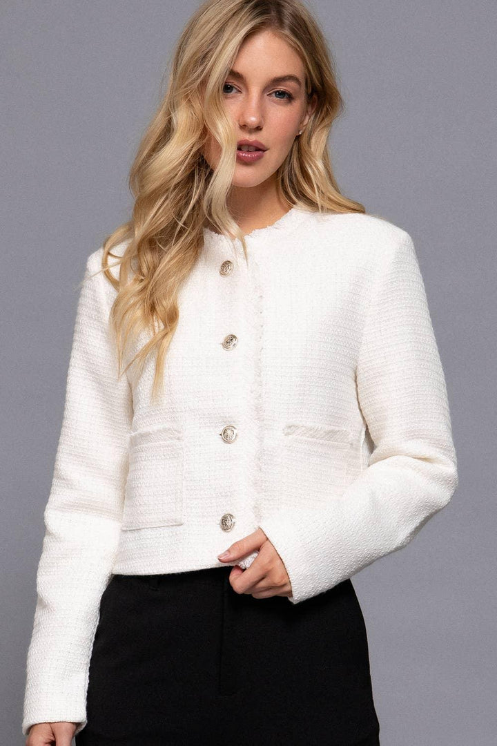 Outerwear - Long Sleeve Crew Neck Button Down Tweed Jacket - - Cultured Cloths Apparel