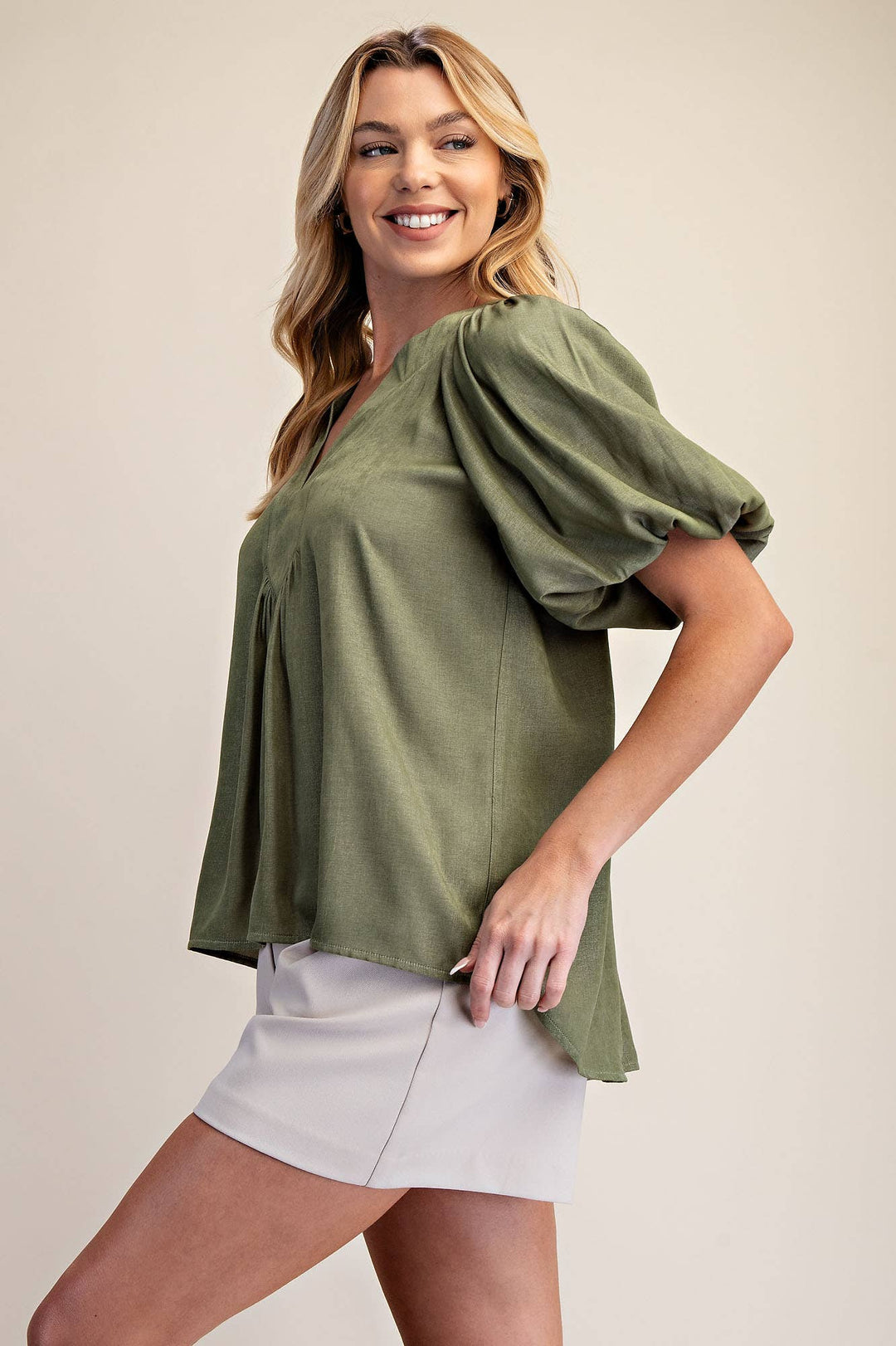 - V-Neck Placket Balloon Sleeve Top - - Cultured Cloths Apparel