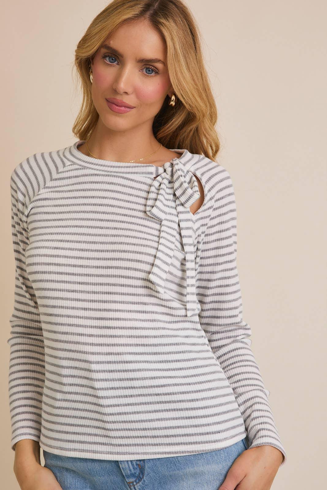Women's Long Sleeve - ROUND NECK TIE DETAIL LONG SLEEVE STRIPE TOP - WHITE-H GREY STRIPE - Cultured Cloths Apparel