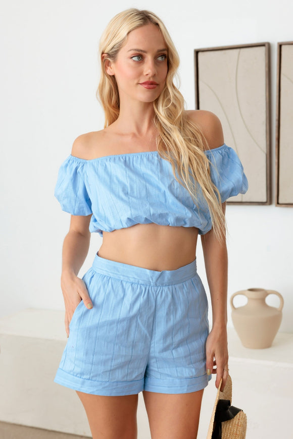 Women's Short Sleeve - LE LIS COLLECTION Off Shoulder Crop Top and High Waist Shorts Set - Light Blue - Cultured Cloths Apparel