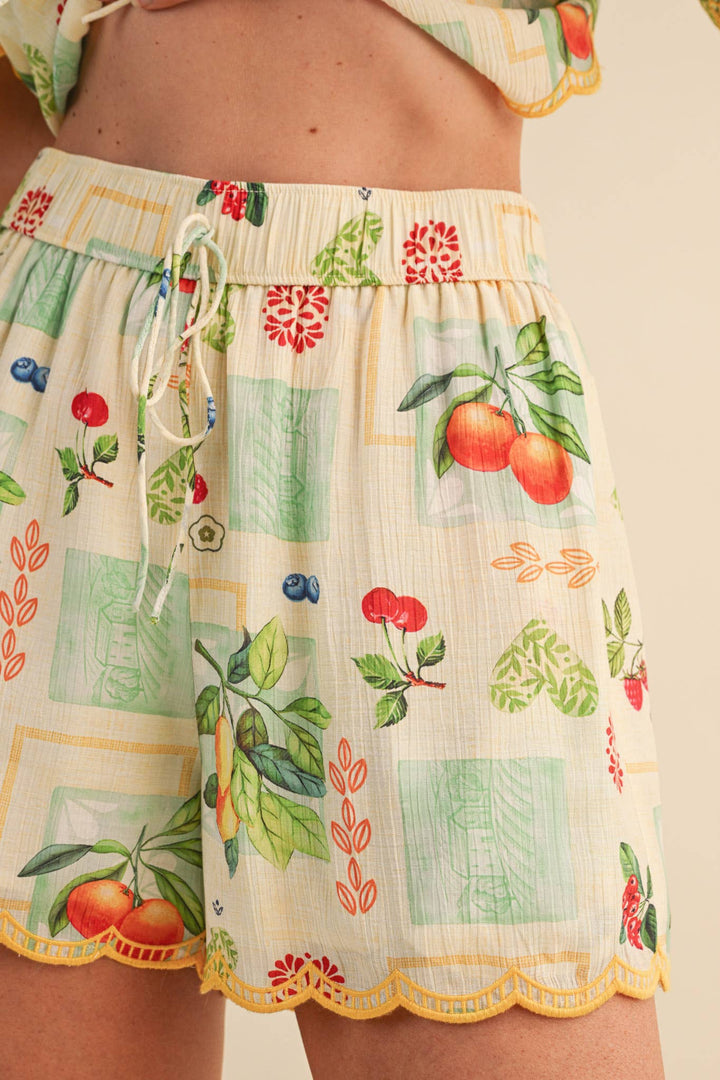 Romper - FRUIT PRINT EMBROIDERED SCALLOP TOP AND SHORTS SET - - Cultured Cloths Apparel