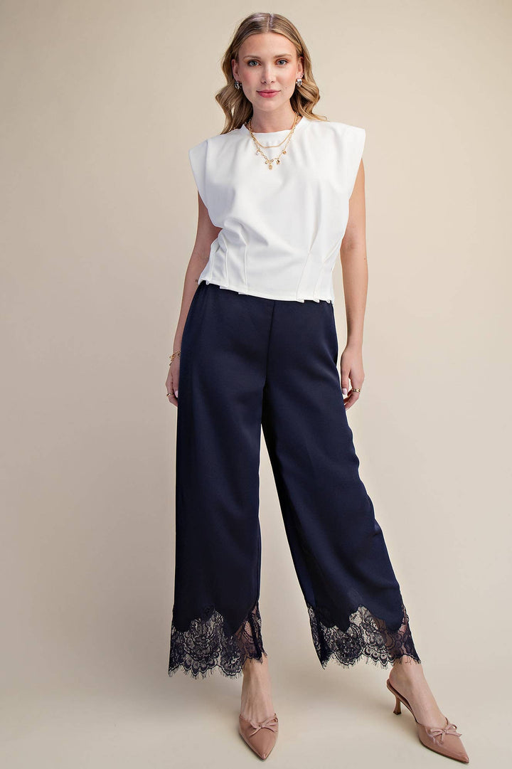 Pants - Mid Rise Cropped Lace Trim Pants - - Cultured Cloths Apparel