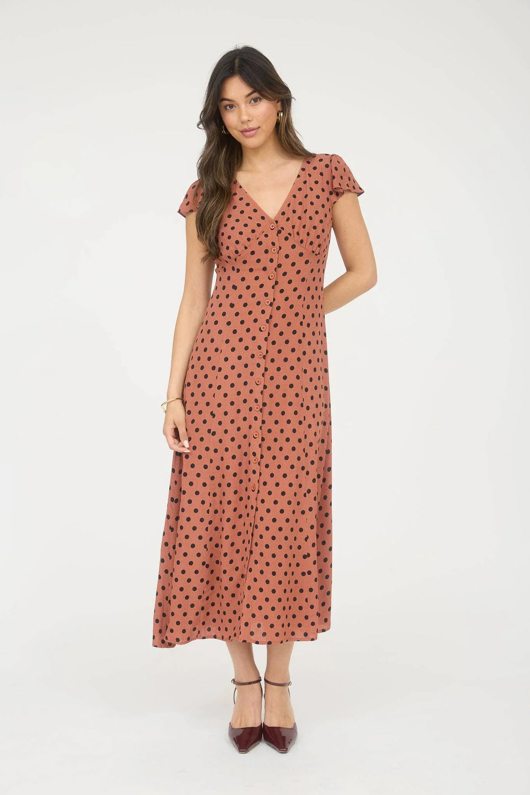 POLKA DOT BUTTON DOWN SHORT SLEEVE MIDI DRESS Cultured Cloths Apparel & Accessories POLKA DOT BUTTON DOWN SHORT SLEEVE MIDI DRESS Cultured Cloths Apparel & Accessories