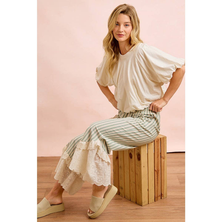 Pants - STRIPE WOVEN RUFFLED LACE HEM PANTS WITH SIDE POCKET - - Cultured Cloths Apparel