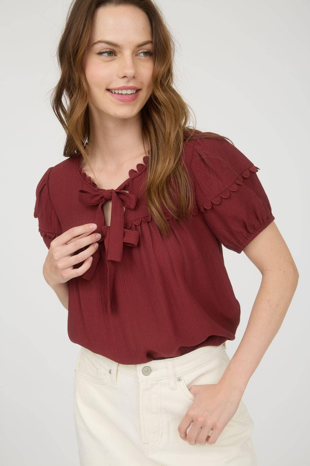 Women's Short Sleeve - SCALLOP TRIM FRONT TIE DETAIL PUFF SLEEVE TOP - - Cultured Cloths Apparel