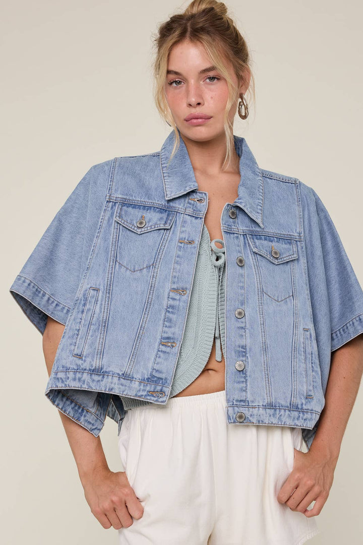 SHORT SLEEVE OVERSIZED DENIM PONCHO JACKET / WL25-12318