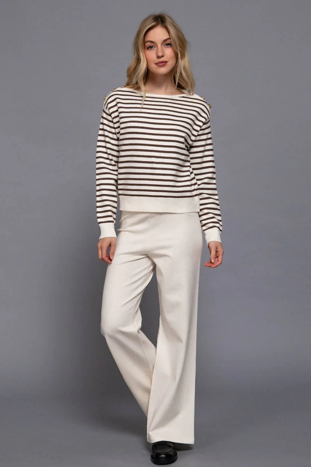 Women's Sweaters - Long Sleeve Buttoned Shoulder Stripe Sweater - BROWN - Cultured Cloths Apparel