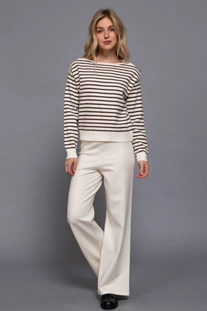 Women's Sweaters - Long Sleeve Buttoned Shoulder Stripe Sweater - BROWN - Cultured Cloths Apparel