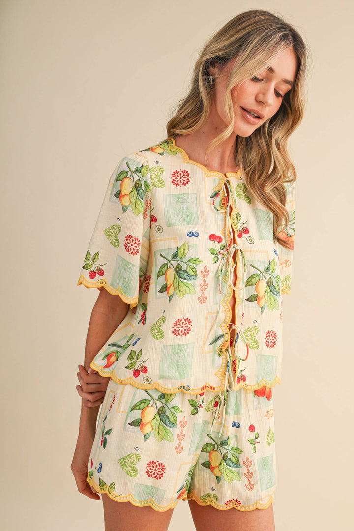 Romper - FRUIT PRINT EMBROIDERED SCALLOP TOP AND SHORTS SET - - Cultured Cloths Apparel
