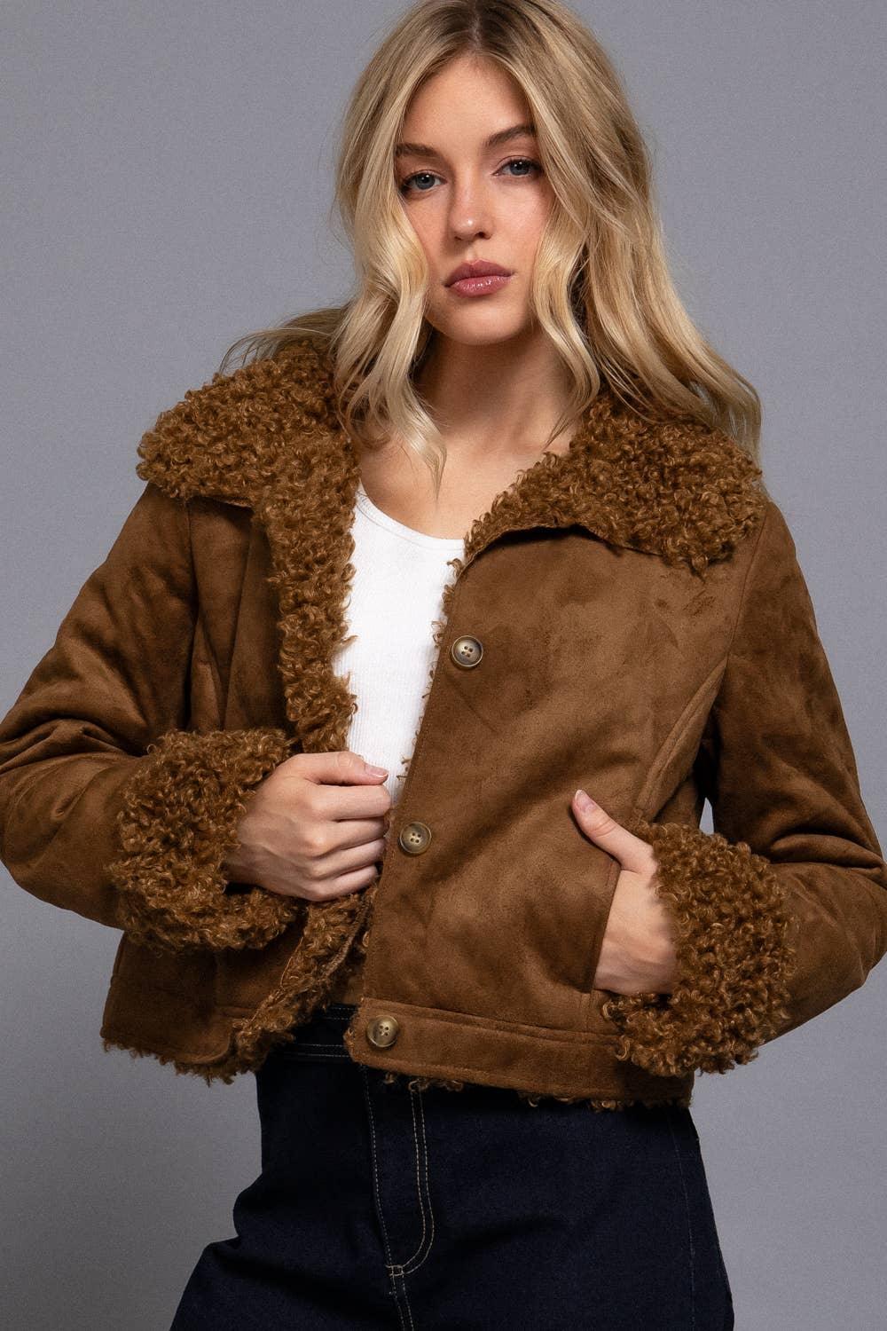 Outerwear - Long Sleeve Inside Fur Detail Penny Lane Suede Short Jacket - - Cultured Cloths Apparel