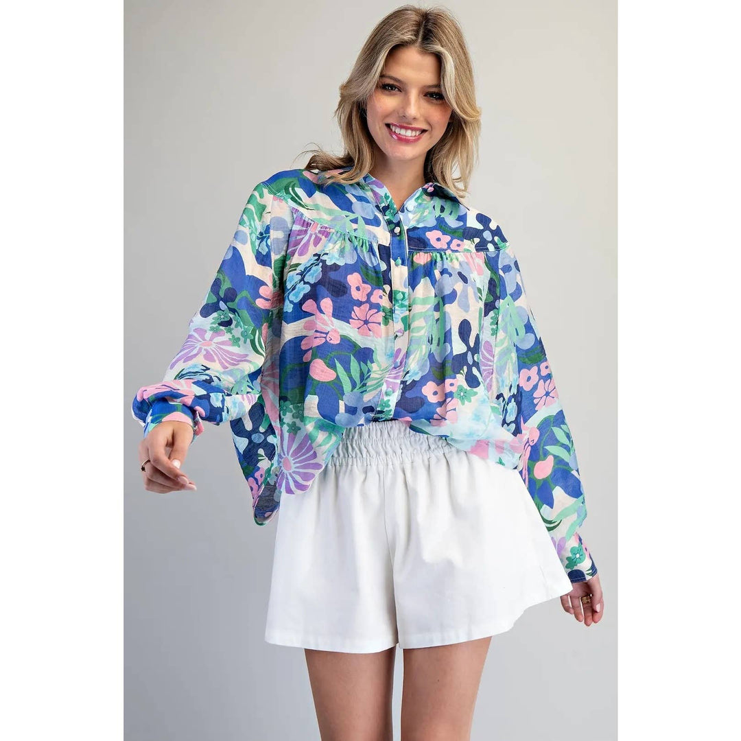 Blue Floral Print Blouse
