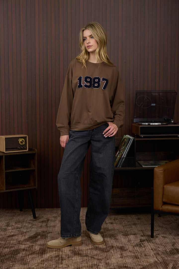 Women's Sweaters - 1987 VARSITY NUMBER LONG SLEEVE KNIT TOP - BROWN - Cultured Cloths Apparel