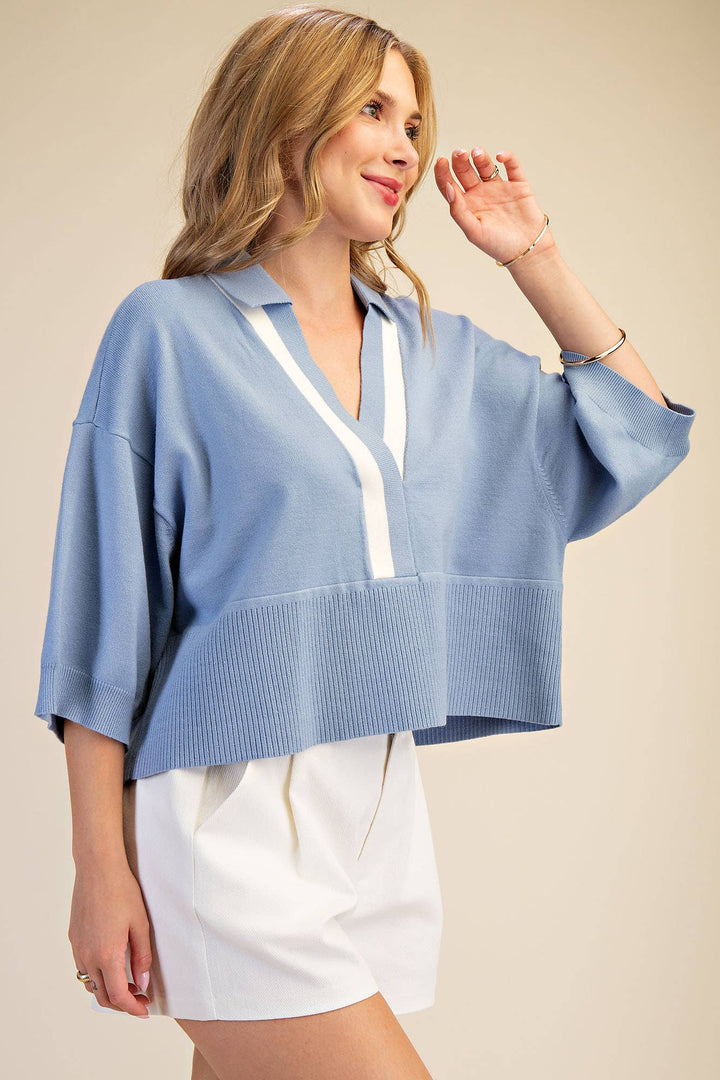 Nude Collar With Contrast Trim Loose Fit Dropped Shoulder Sweater