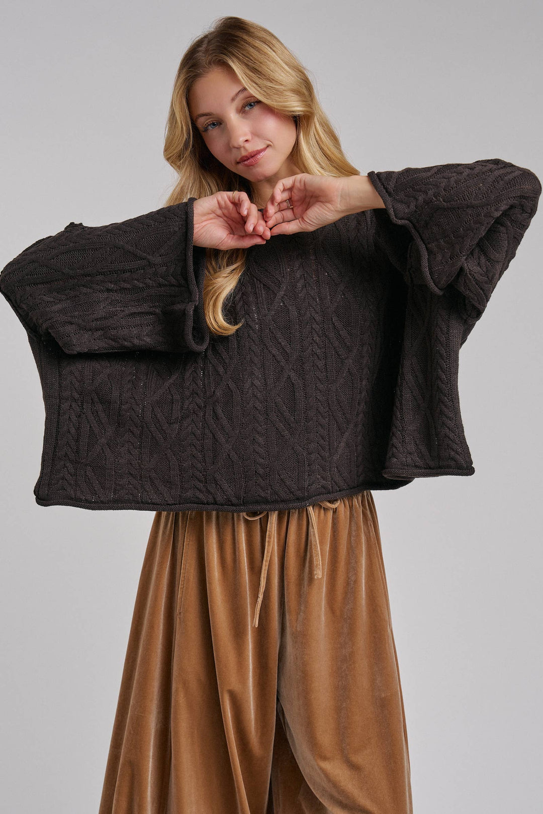 OVERSIZED CABLE KNIT CASUAL BOHO FALL SWEATERTOP