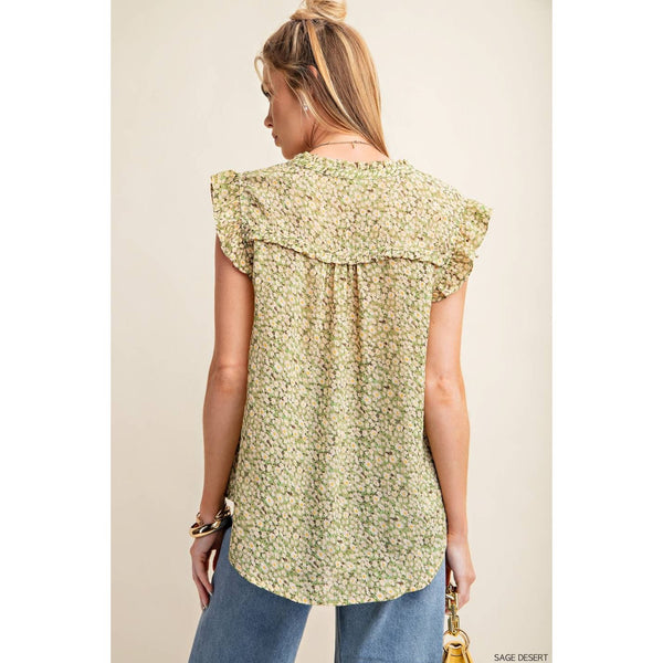 Women's Short Sleeve - Bubble Crepe Ditsy Printed V Neck Top -  - Cultured Cloths Apparel