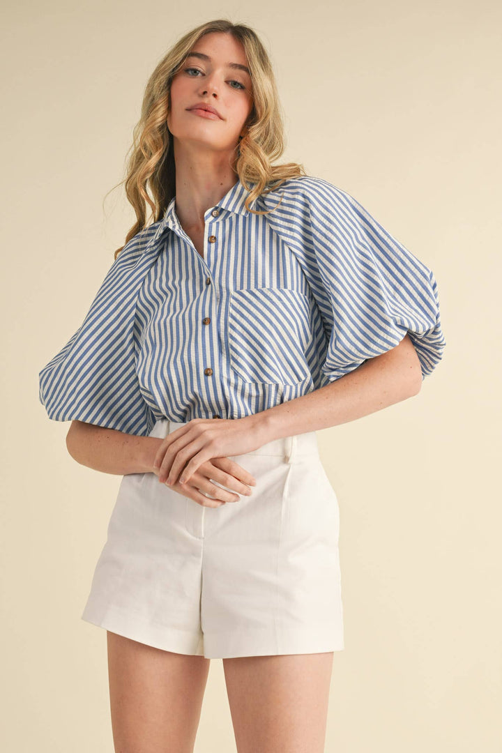 Women's Short Sleeve - STRIPED BUBBLE SLEEVE BUTTON DOWN TOP - - Cultured Cloths Apparel