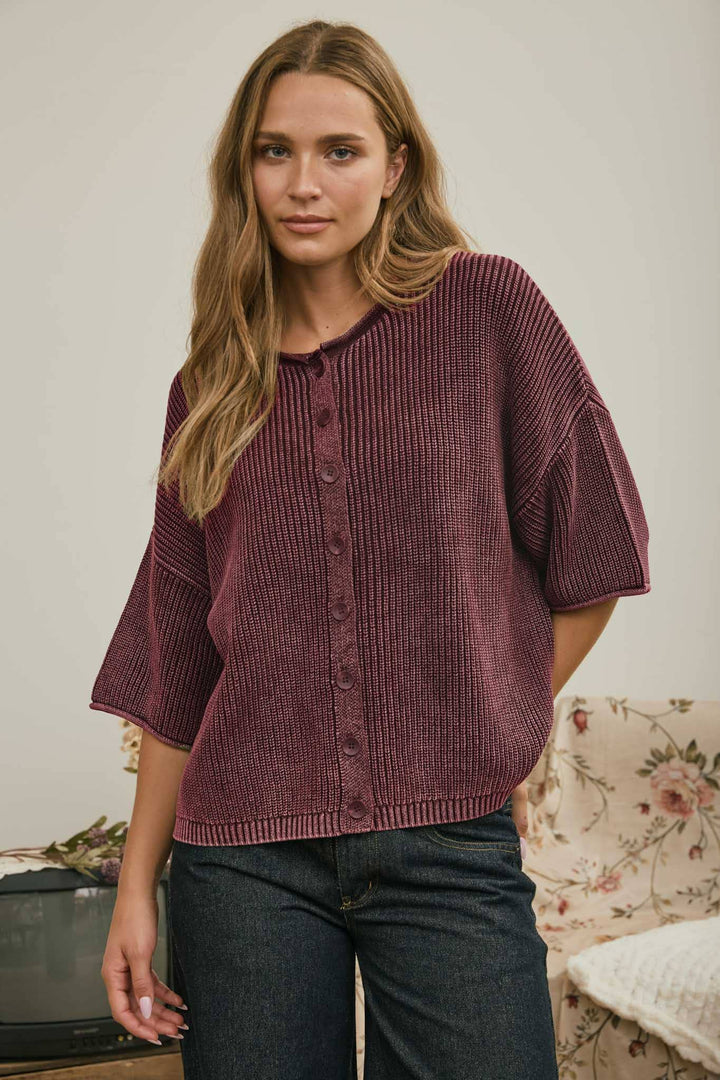 Cardigans - WASHED RIBBED SHORT SLEEVE ROLLED EDGE CARDIGAN - BURGUNDY - Cultured Cloths Apparel