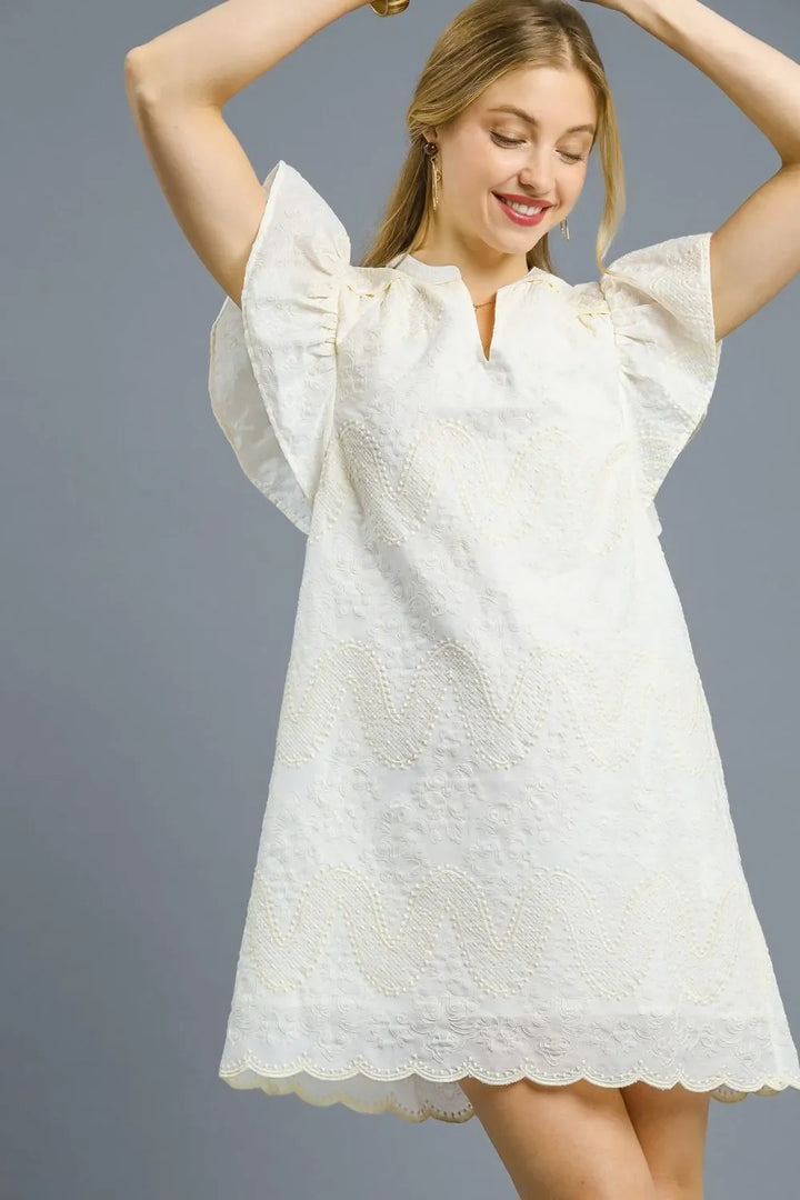 Women's Dresses - Umgee Scalloped Hem Embroidered Mini Dress - White - Cultured Cloths Apparel