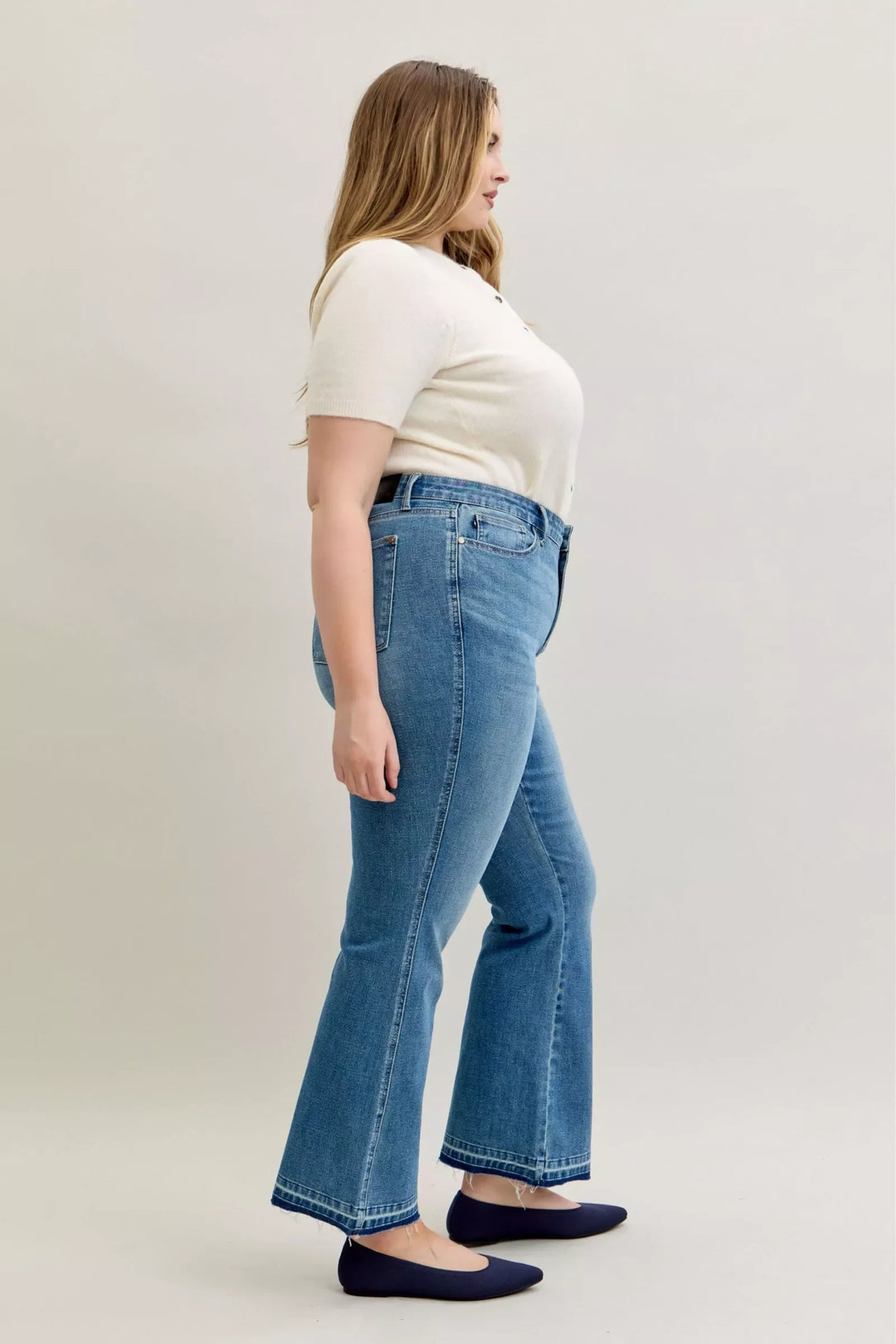 Denim - Judy Blue Full Size Mid Rise Slim Bootcut Tummy Control Release Hem Jeans Plus Size - - Cultured Cloths Apparel